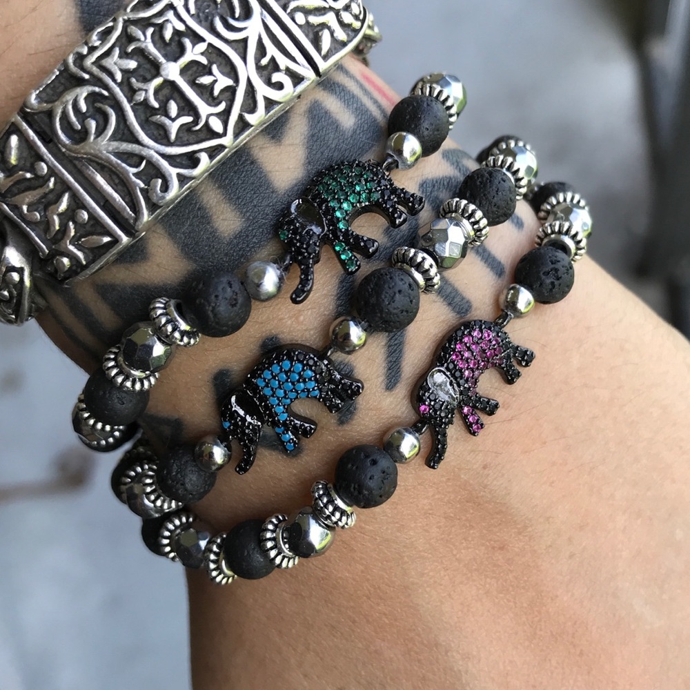 Lava rock black rodhium cz luck elephant bracelet - Picture 3 of 9
